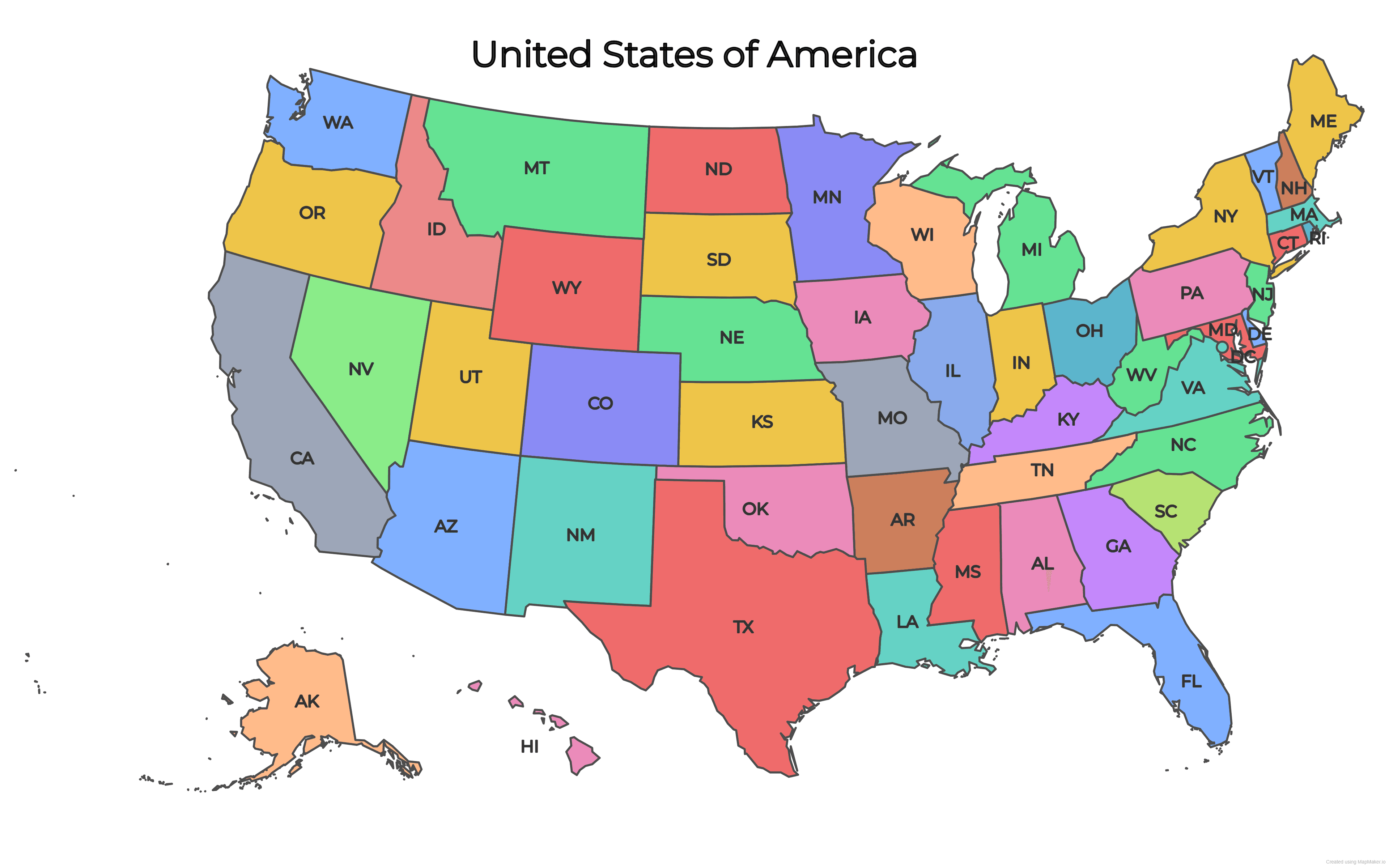 Colored & Labeled USA Map