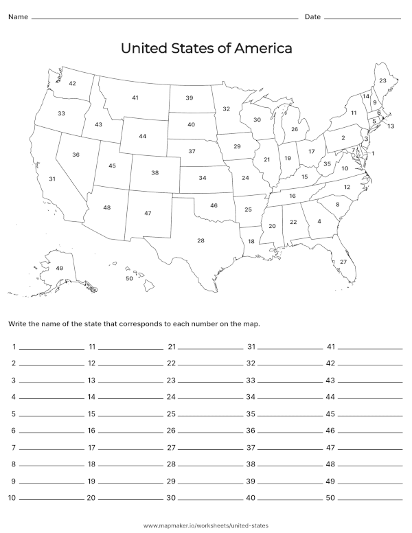 USA Numbered States Map