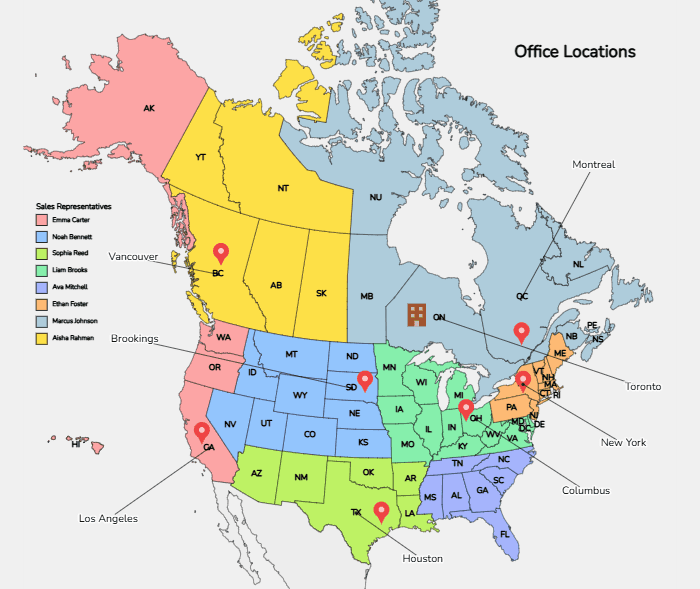 North America sales territory map titled Office Locations, with states and provinces color-coded by sales representative, a named legend, and pin markers labeling offices in Vancouver, Los Angeles, Houston, Columbus, New York, Toronto, and Montreal