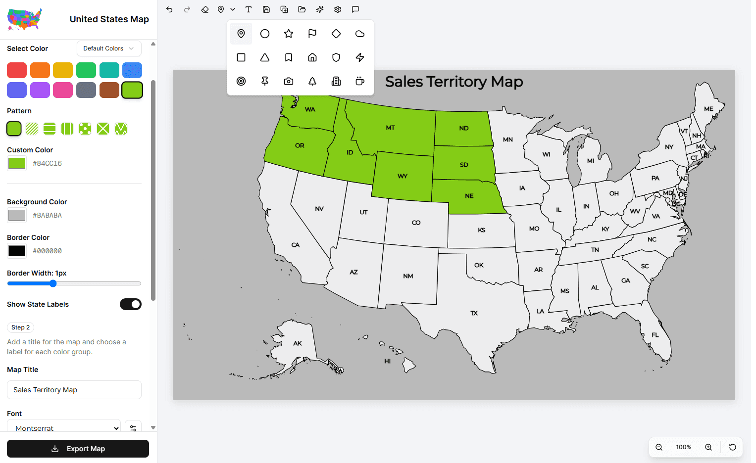 The MapMaker territory mapping software editor, showing the color palette, pattern and border controls, and a US sales territory map with states colored green
