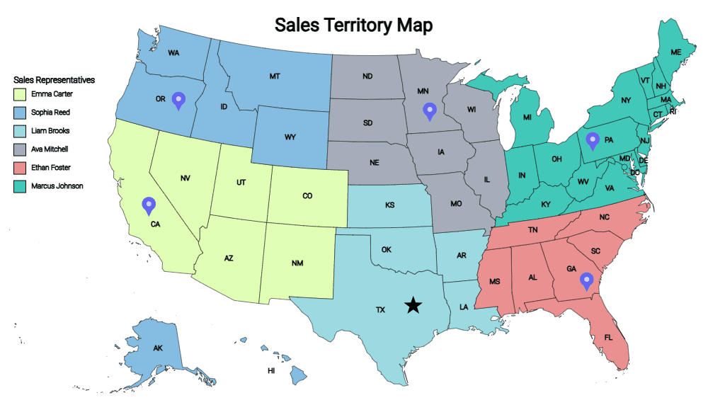 Sales territory map of the United States with states color-coded by sales representative, a named legend, and pin markers on key office locations